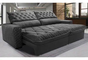 Sofá Retrátil e Reclinável 3,15m Molas Ensacadas Cama inBox Spazus com Bordado 3D Velusoft Cinza É Bom