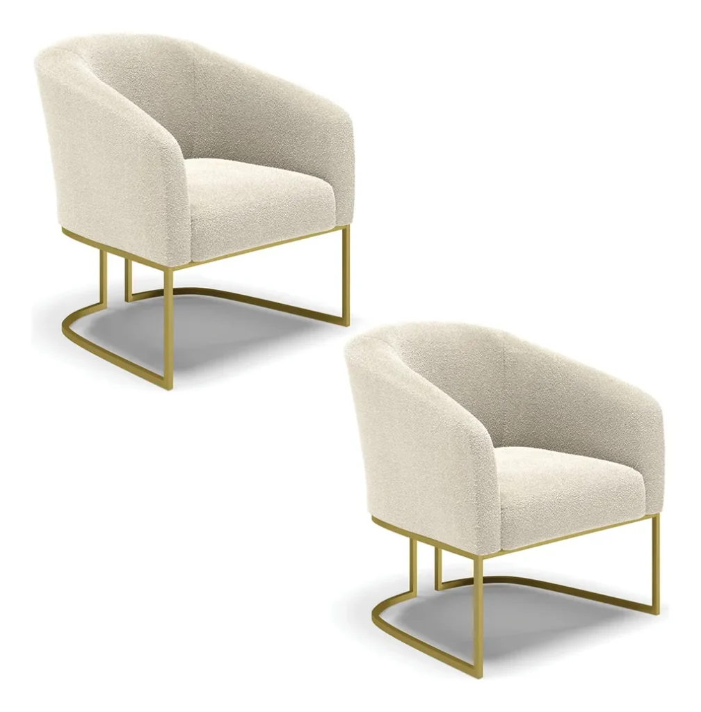 Kit 2 Poltronas Bouclê Base Metálica Industrial Dourado Cor Bege D'Rossi É Boa
