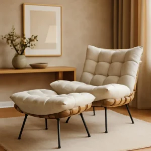 Poltrona Costela Com Puff Decoração Sala De Estar Linho Cor Linho Bege É Boa